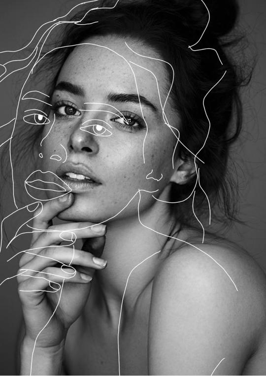 Black-and-white portrait of a woman with natural skin texture overlaid with minimalist line art, representing personalized skincare and self-expression by ORY Skincare.