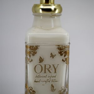 ORY rococo-style personalized glass lotion bottle with gold baroque detailing, elegant butterfly accents, and luxury gold pump for custom engraving.