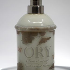 Analyze the image and draft me SEO Alt test, title, caption and description for ORY Skincare website: Personalize My Lotion Bottle page - ORY Two-Tone Leaf Botanical Glass Bottle