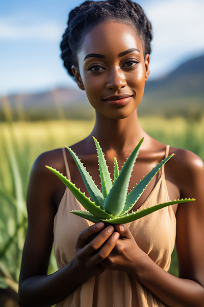 Woman holding a fresh aloe vera leaf in a sunlit field — natural aloe vera skincare ingredient for ORY Skincare.