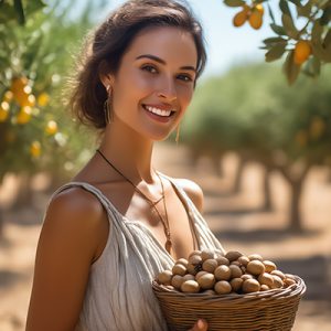 Woman holding a basket of argan nuts in a sunlit orchard — natural argan oil skincare ingredient for ORY Skincare.