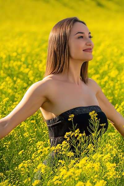 Woman in a bright yellow field at sunset — plant-derived behenyl alcohol skincare ingredient used by ORY Skincare.