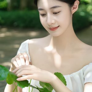 Woman gently touching Centella Asiatica leaves in a garden — soothing cica extract used in ORY Skincare.