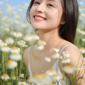 Woman in a field of chamomile flowers — calming chamomile extract skincare ingredient for ORY Skincare.