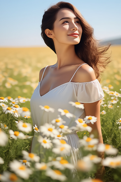 Woman in a field of chamomile flowers — calming chamomile extract skincare ingredient for ORY Skincare.