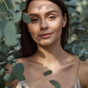 Woman surrounded by eucalyptus leaves representing the purity and clarifying benefits of Eucalyptus (80/82) Essential Oil used in ORY Skincare formulations.