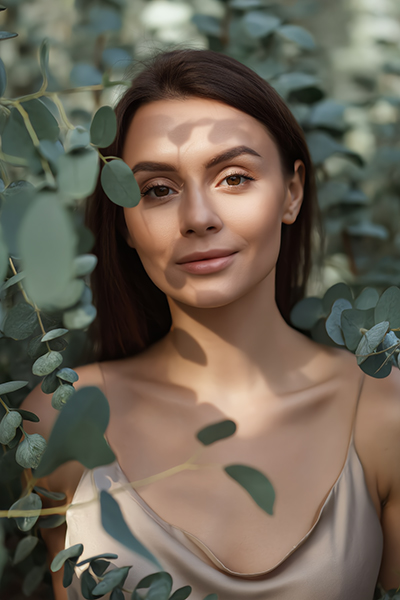 Woman surrounded by eucalyptus leaves representing the purity and clarifying benefits of Eucalyptus (80/82) Essential Oil used in ORY Skincare formulations.