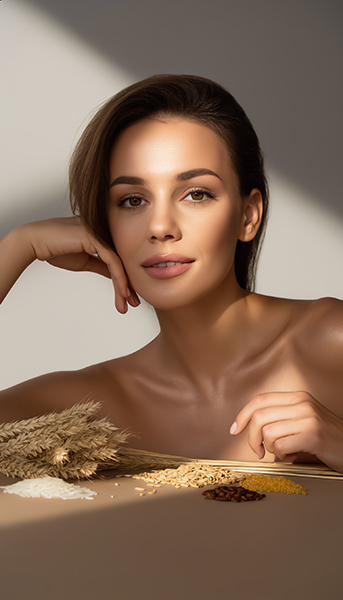 Woman with radiant skin beside natural grains representing Ferulic Acid antioxidant benefits in ORY Skincare formulations.