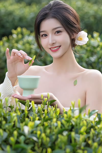 Smiling Asian woman in lush green tea field holding teacup and fresh leaf, illustrating the antioxidant-packed Green Tea Extract in Oryskincare's soothing and protective skincare products for radiant, youthful skin.