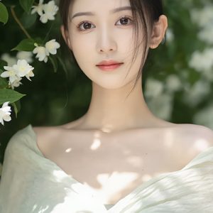 Serene Asian woman surrounded by blooming jasmine flowers in light green dress, embodying the calming and antioxidant Jasmine extract in Oryskincare's hydrating skincare products for soothed, radiant skin.