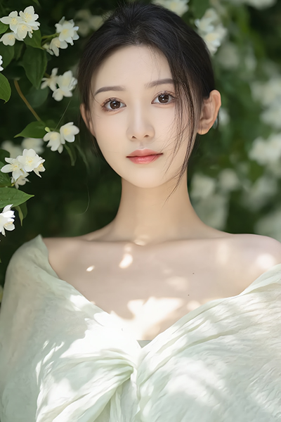 Serene Asian woman surrounded by blooming jasmine flowers in light green dress, embodying the calming and antioxidant Jasmine extract in Oryskincare's hydrating skincare products for soothed, radiant skin.
