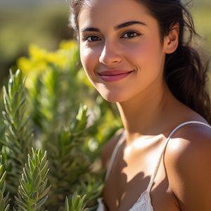 Smiling woman in white top surrounded by desert jojoba plants under sunny sky, symbolizing the balancing and hydrating Jojoba Oil in Oryskincare's natural skincare products for clear, moisturized, and youthful skin.