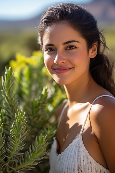 Smiling woman in white top surrounded by desert jojoba plants under sunny sky, symbolizing the balancing and hydrating Jojoba Oil in Oryskincare's natural skincare products for clear, moisturized, and youthful skin.