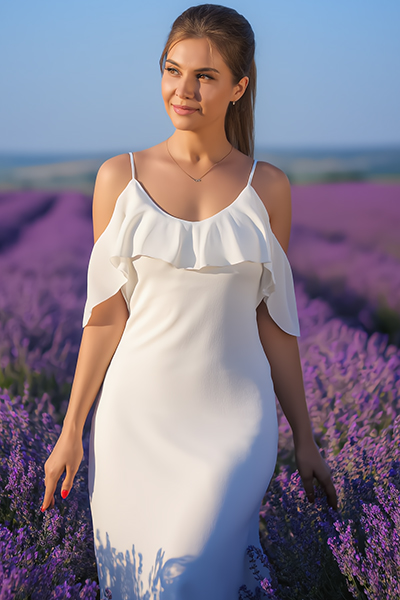 Smiling woman in elegant white ruffled dress walking through vibrant purple lavender fields under blue sky, embodying the calming Lavender extract in Oryskincare's soothing skincare products for reduced inflammation and radiant, balanced skin.
