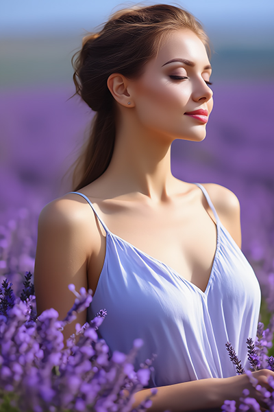 Woman standing peacefully in a lavender field, symbolizing ORY Skincare’s use of lavender for calming, soothing, and balancing the skin.