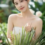 Serene Asian woman in white attire gently holding fresh lemongrass stalks in lush garden setting, representing the invigorating Lemongrass Essential Oil in Oryskincare's purifying skincare products for toned, refreshed, and acne-free skin.