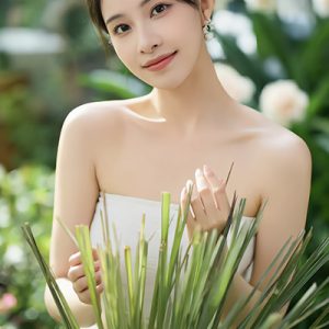 Serene Asian woman in white attire gently holding fresh lemongrass stalks in lush garden setting, representing the invigorating Lemongrass Essential Oil in Oryskincare's purifying skincare products for toned, refreshed, and acne-free skin.