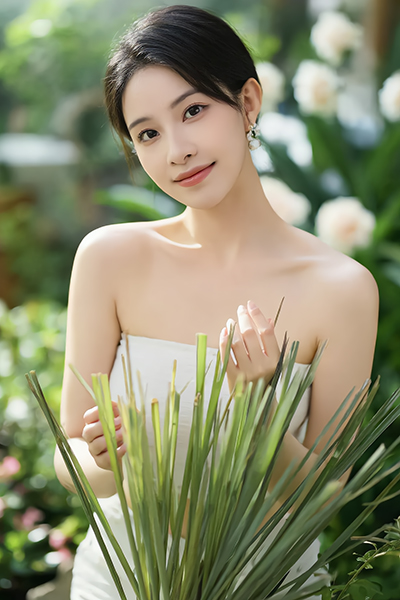 Serene Asian woman in white attire gently holding fresh lemongrass stalks in lush garden setting, representing the invigorating Lemongrass Essential Oil in Oryskincare's purifying skincare products for toned, refreshed, and acne-free skin.