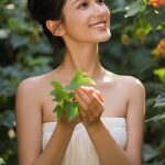 Smiling Asian woman in white dress holding fresh licorice leaves in sunny garden, symbolizing the brightening Licorice Extract in Oryskincare's soothing skincare products for even-toned, radiant skin.