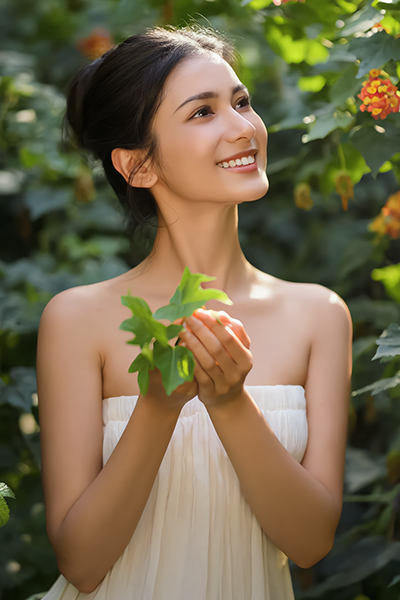 Smiling Asian woman in white dress holding fresh licorice leaves in sunny garden, symbolizing the brightening Licorice Extract in Oryskincare's soothing skincare products for even-toned, radiant skin.