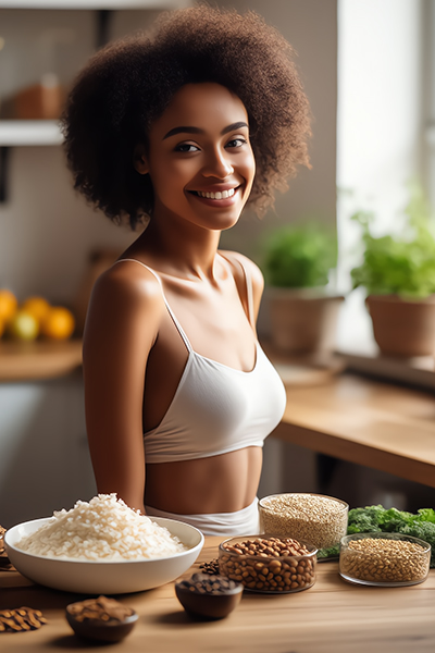 Smiling woman in white top surrounded by bowls of rice, grains, nuts, and herbs in bright kitchen, representing natural sources of Niacinamide (Vitamin B3) in Oryskincare's strengthening skincare products for improved barrier function, reduced pores, and even-toned skin.