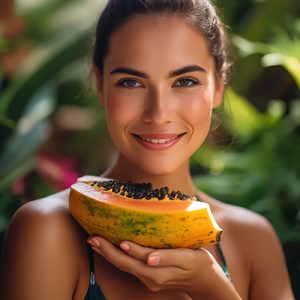 Smiling woman in green top holding fresh halved papaya in lush tropical garden, representing the exfoliating Papaya Extract in Oryskincare's brightening skincare products for smoother, radiant, and rejuvenated skin.