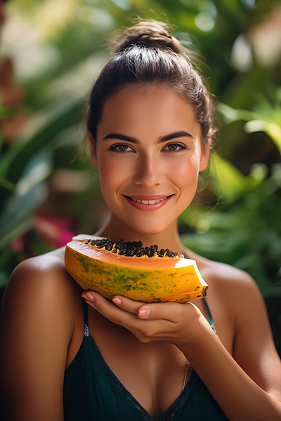 Smiling woman in green top holding fresh halved papaya in lush tropical garden, representing the exfoliating Papaya Extract in Oryskincare's brightening skincare products for smoother, radiant, and rejuvenated skin.