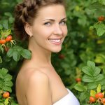 Woman surrounded by rosehip branches with ripe rose hips, representing rosehip oil used in ORY Skincare for skin renewal, hydration, and natural radiance.