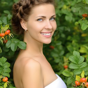 Woman surrounded by rosehip branches with ripe rose hips, representing rosehip oil used in ORY Skincare for skin renewal, hydration, and natural radiance.
