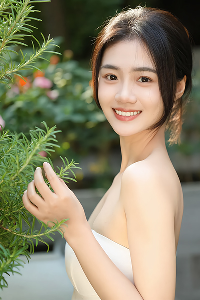 Woman gently holding fresh rosemary leaves in a garden setting, representing rosemary used in ORY Skincare for its antioxidant and skin-balancing benefits.
