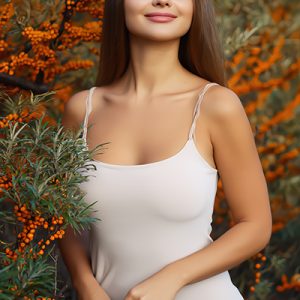 Woman standing among sea buckthorn berries and foliage, representing sea buckthorn seed oil used in ORY Skincare for antioxidant-rich, skin-repairing botanical formulations.