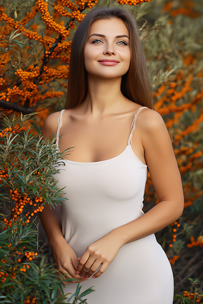 Woman standing among sea buckthorn berries and foliage, representing sea buckthorn seed oil used in ORY Skincare for antioxidant-rich, skin-repairing botanical formulations.