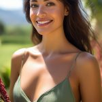 Woman with radiant, healthy skin holding olives outdoors, representing plant-derived squalane oil used in ORY Skincare for lightweight hydration and barrier support.