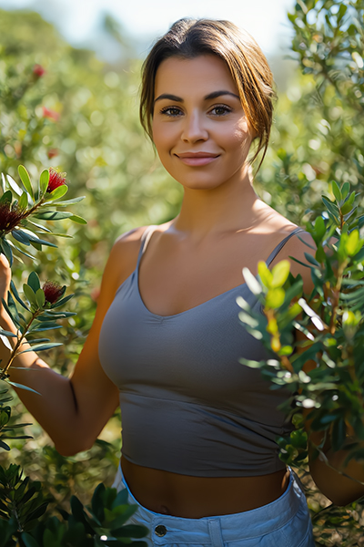 Woman standing among tea tree foliage, representing tea tree oil’s natural purifying, antibacterial, and skin-balancing properties in skincare.