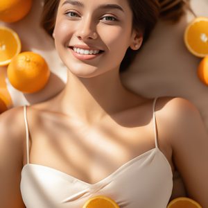 Woman with radiant, glowing skin surrounded by fresh oranges, representing Vitamin C (Ascorbic Acid) used in ORY Skincare to brighten, protect, and revitalize the complexion.