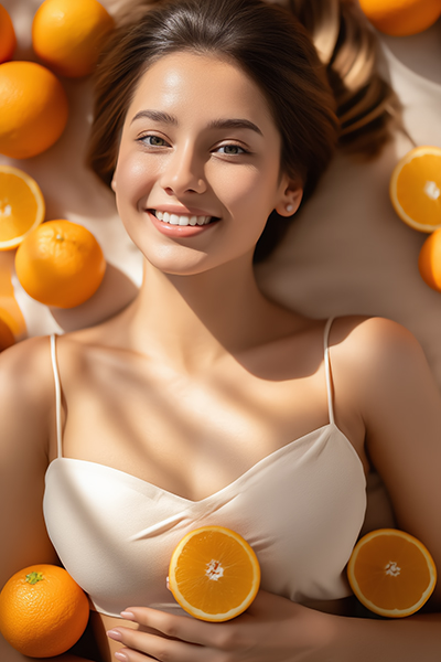 Woman with radiant, glowing skin surrounded by fresh oranges, representing Vitamin C (Ascorbic Acid) used in ORY Skincare to brighten, protect, and revitalize the complexion.