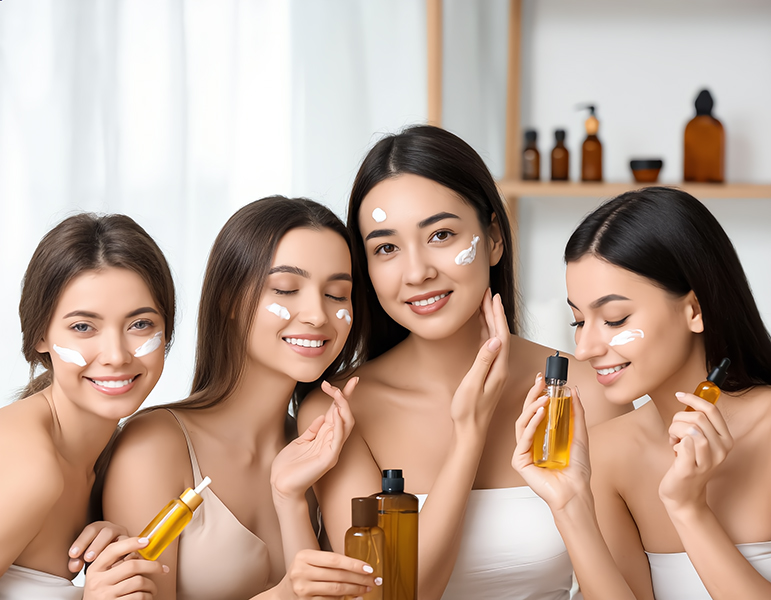 Group of women applying skincare while holding botanical oils and serums, representing ORY Skincare’s formulation process combining active ingredients, oil and water phases, and personalized skin science.