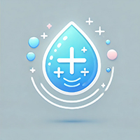 Ionized water icon with a glowing droplet and charge symbols, representing ionized H₂O used in ORY Skincare to enhance ingredient delivery and hydration.