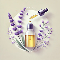 Lavender-infused botanical oil in a dropper bottle surrounded by lavender flowers, representing ORY Skincare’s calming lavender oil infusion.