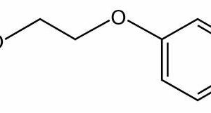 Chemical structure diagram of Phenoxyethanol molecule, showcasing its role as a safe preservative in Oryskincare's natural skincare products for extended freshness and microbial protection.