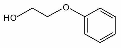 Chemical structure diagram of Phenoxyethanol molecule, showcasing its role as a safe preservative in Oryskincare's natural skincare products for extended freshness and microbial protection.