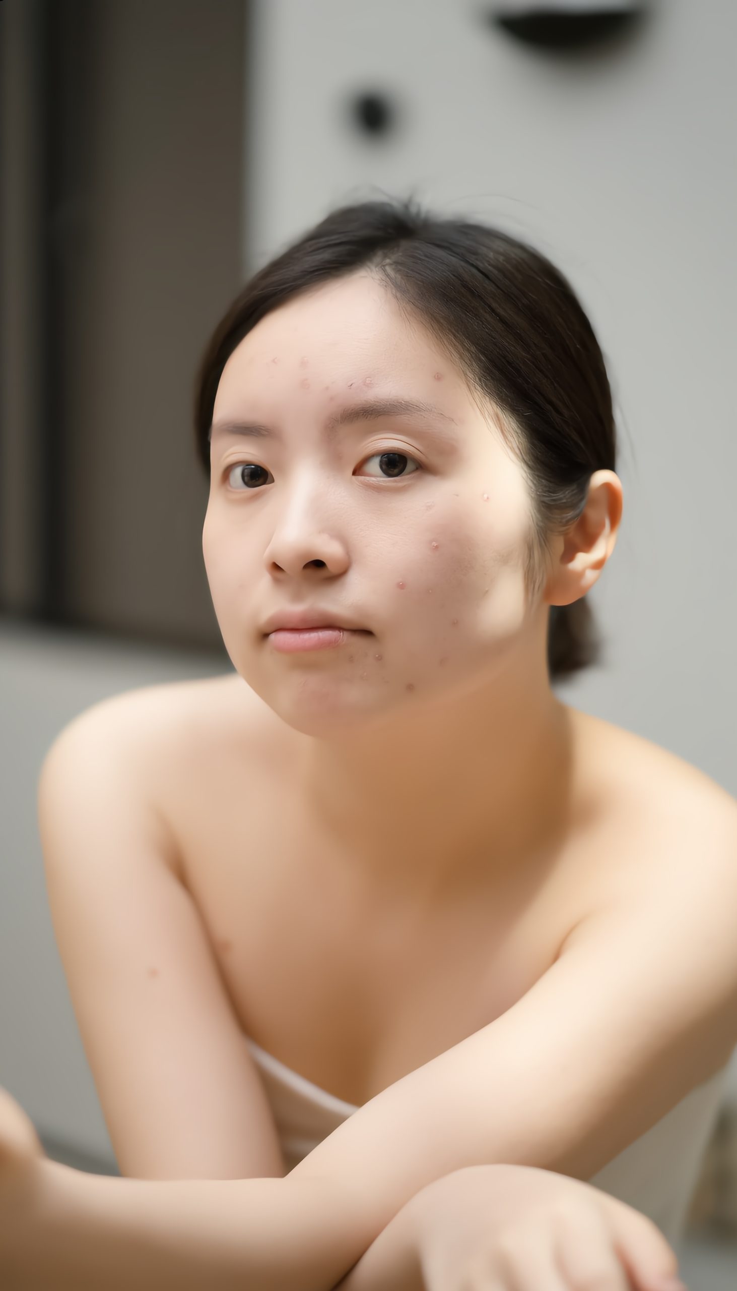 Woman with acne-prone skin showing blemishes and redness — ORY Skincare clarifying and soothing solutions for breakout-prone skin.