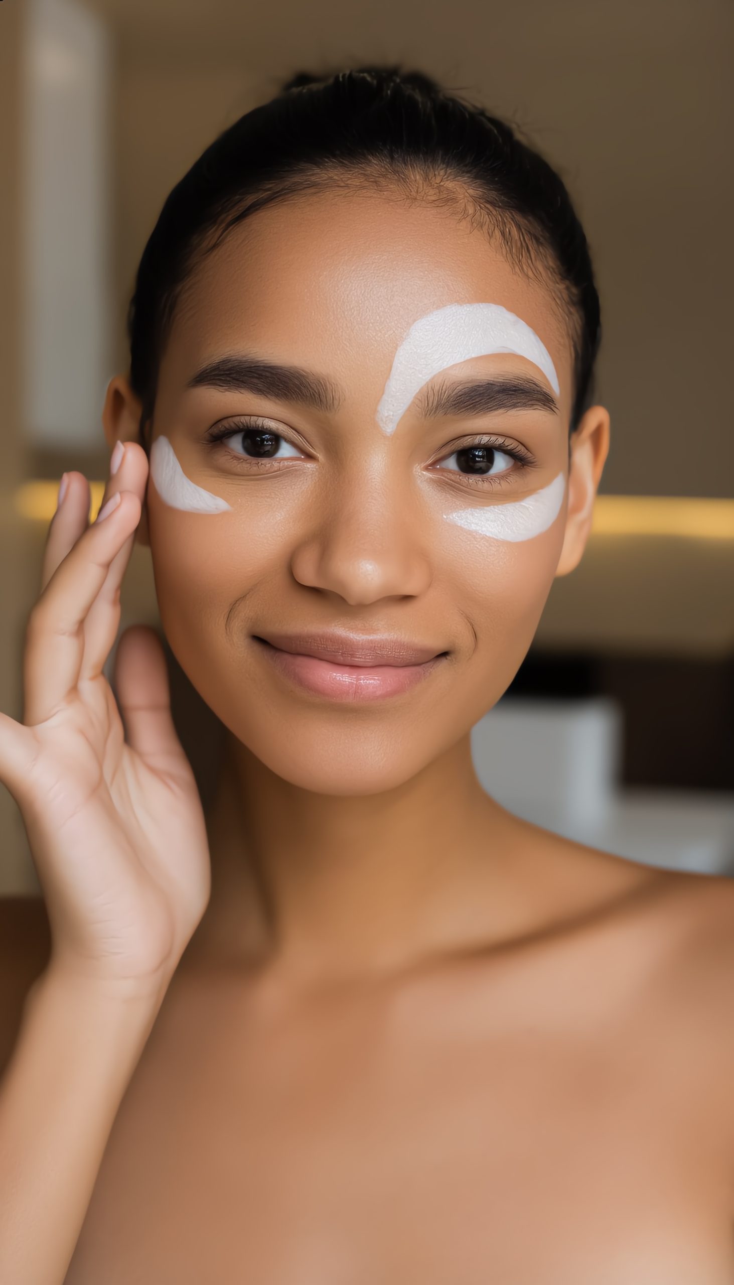 Woman with balanced hydration cream applied to T-zone and cheeks, representing combination skin care for ORY Skincare.