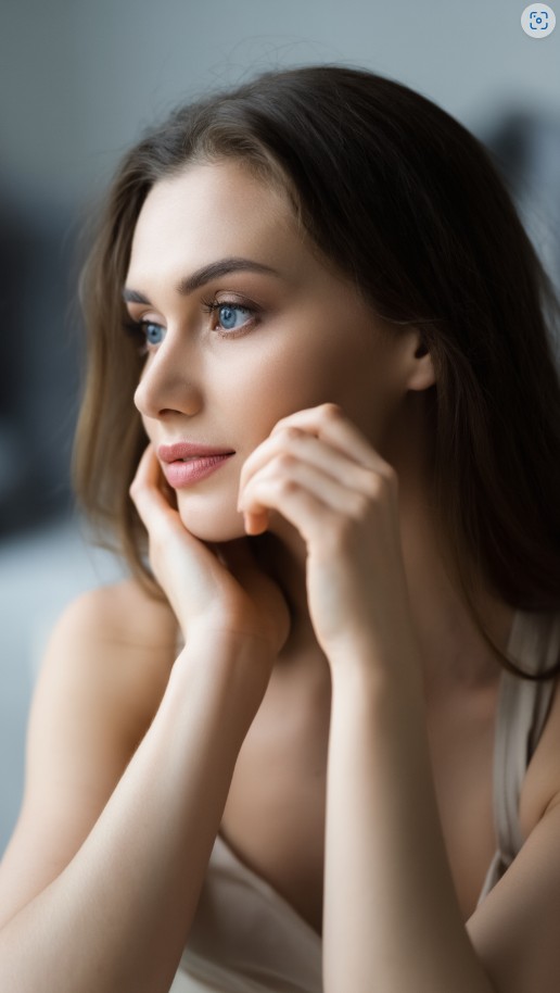 Woman with naturally radiant, hydrated skin gazing softly by a window, representing gentle, botanical skincare and a calm daily skincare ritual.