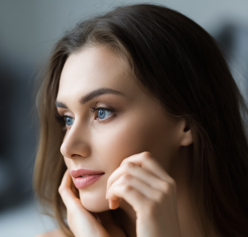 Close-up portrait of a woman with smooth, hydrated skin, showcasing natural radiance and a calm complexion enhanced by ORY Skincare formulations.
