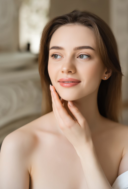 Woman with smooth, balanced complexion applying hydrating lotion — ORY Skincare moisturizer for normal skin.
