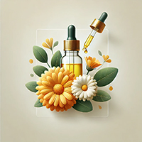 Illustrated golden bottle of Jojoba Oil + Calendula Infusion with dropper dispensing oil, surrounded by vibrant orange calendula and white daisy flowers with green leaves, highlighting the soothing, healing blend in Oryskincare's natural skincare products for moisturized, irritation-free skin.