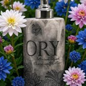 Elegant personalized ORY botanical infused hand and body lotion bottle with pump dispenser, featuring leaf and butterfly designs on floral background, showcasing Oryskincare's custom natural skincare solutions for nourished, hydrated skin.