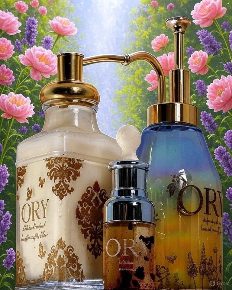 Custom ORY Skincare bottles showcasing personalized botanical-infused lotion, serum, and oil with handcrafted designs and floral ingredients.