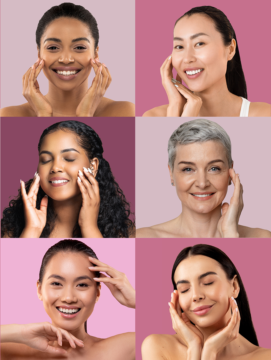 Diverse women with radiant skin representing different ages and ethnicities, showcasing ORY Skincare botanical infusion solutions designed for every skin type.